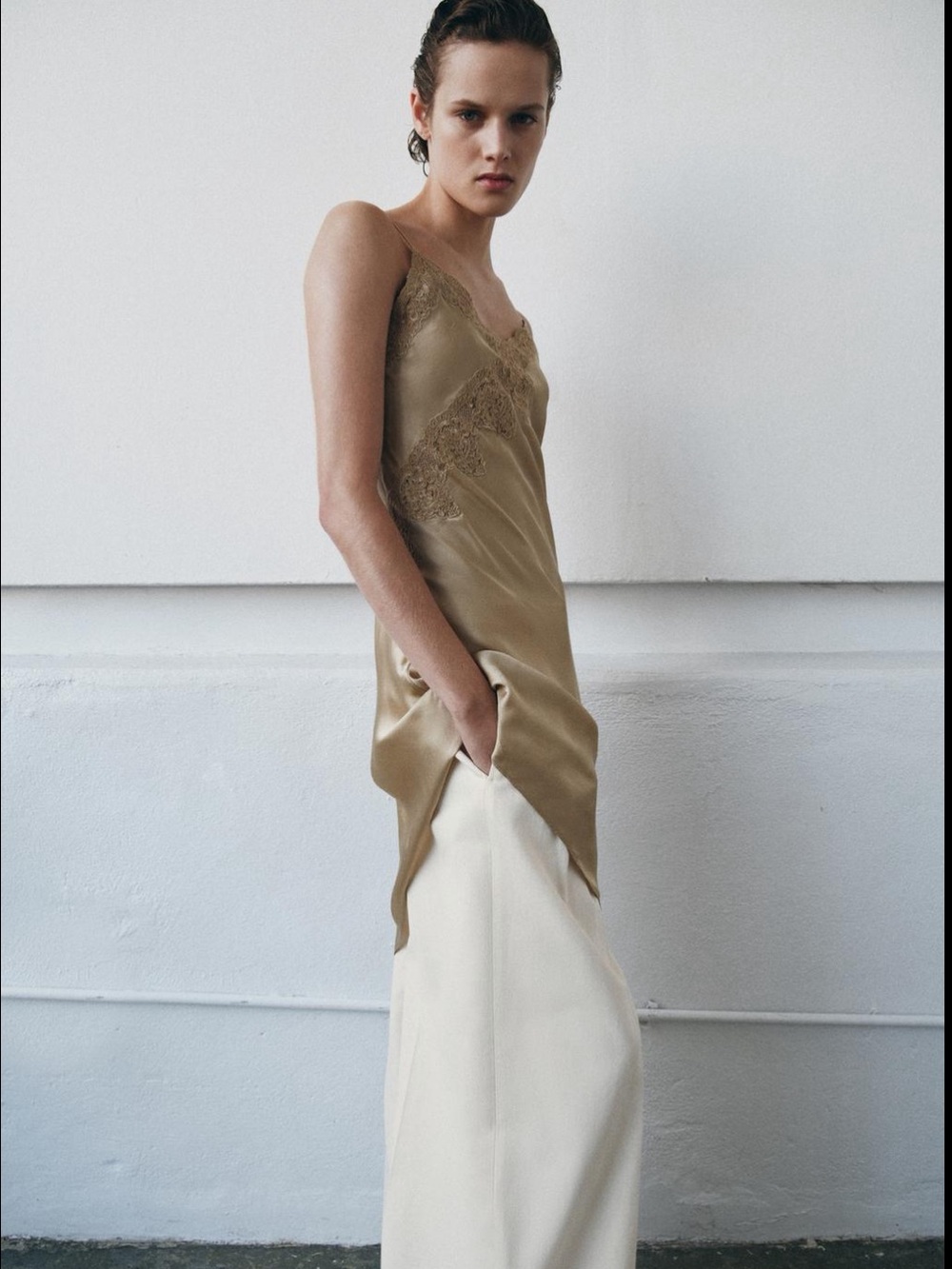 Zara Golden-Tan Asymmetrical Slip Dress with Lace Trim - Picture 2 of 5